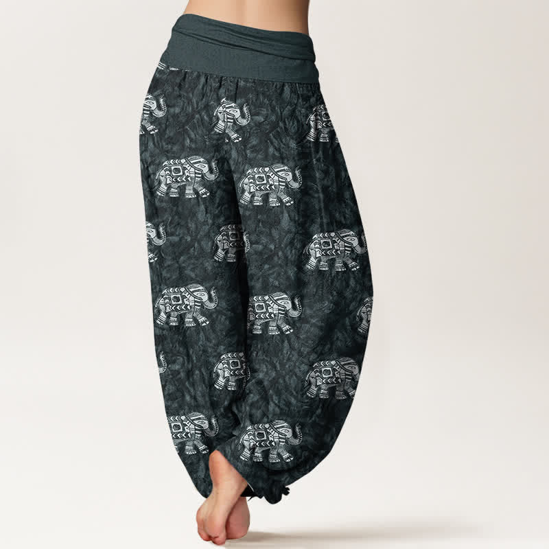 Buddha Stones Pantalon harem pour femme en pur coton à motif éléphant blanc et taille élastique - image 9