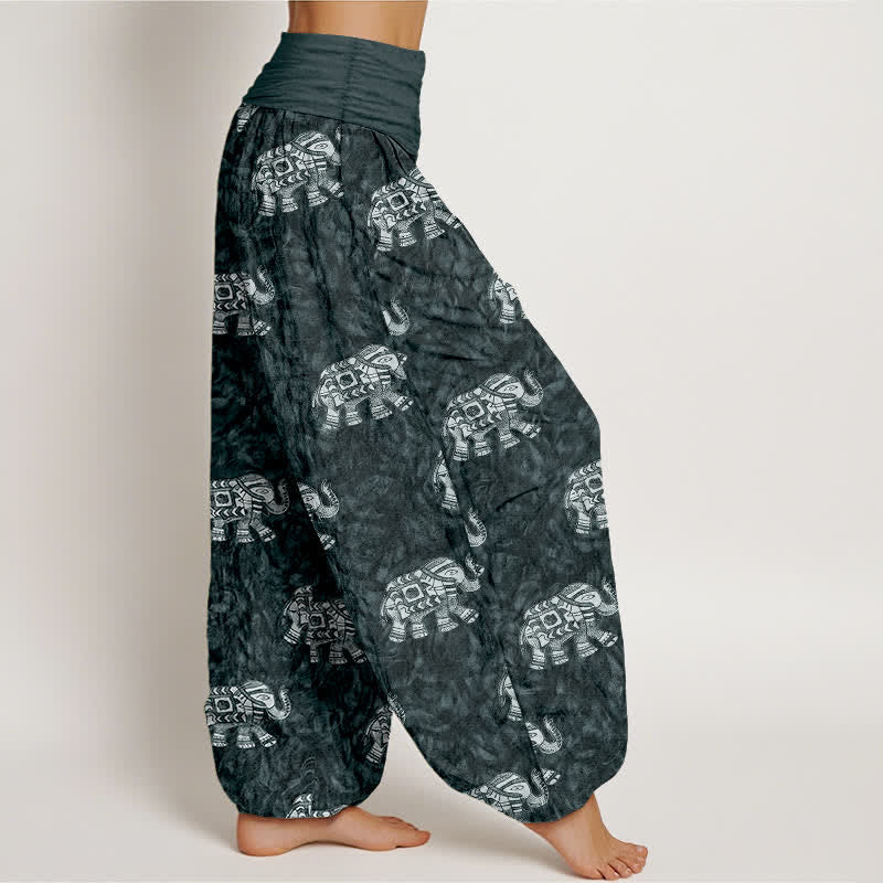 Buddha Stones Pantalon harem pour femme en pur coton à motif éléphant blanc et taille élastique - image 10