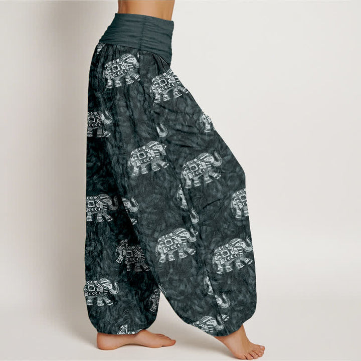 Buddha Stones Pantalon harem pour femme en pur coton à motif éléphant blanc et taille élastique - image 10