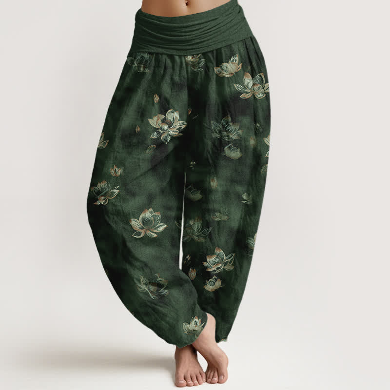 Buddha Stones Pantalon harem pour femme en pur coton, motif floral lotus vintage, taille élastique - Vert foncé - US16，UK/AU20，EU48 (3XL) - image 0