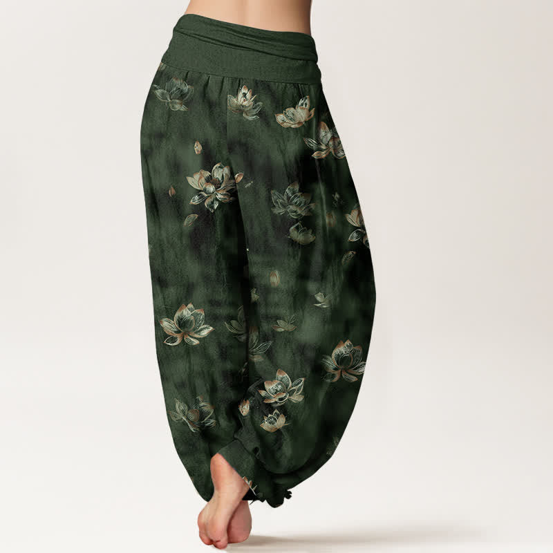 Buddha Stones Pantalon harem pour femme en pur coton, motif floral lotus vintage, taille élastique - image 1