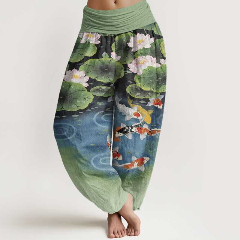 Buddha Stones Pantalon harem à taille élastique pour femme, motif étang de lotus et carpes koï en coton - Vert olive - US16，UK/AU20，EU48 (3XL) - image 0