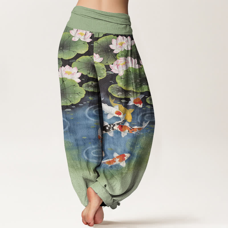 Buddha Stones Pantalon harem à taille élastique pour femme, motif étang de lotus et carpes koï en coton - image 1