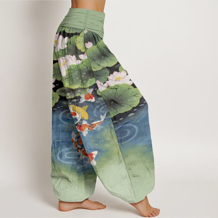 Buddha Stones Pantalon harem à taille élastique pour femme, motif étang de lotus et carpes koï en coton - image 2