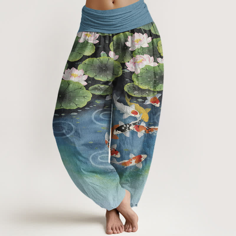 Buddha Stones Pantalon harem à taille élastique pour femme, motif étang de lotus et carpes koï en coton - SteelBlue - US16，UK/AU20，EU48 (3XL) - image 5