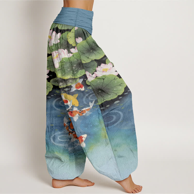 Buddha Stones Pantalon harem à taille élastique pour femme, motif étang de lotus et carpes koï en coton - image 7