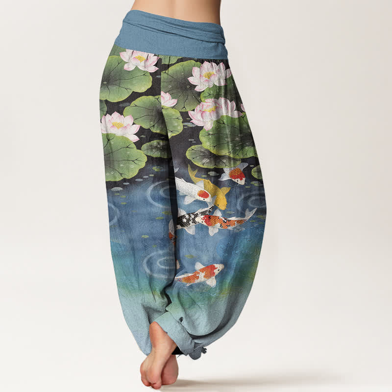 Buddha Stones Pantalon harem à taille élastique pour femme, motif étang de lotus et carpes koï en coton - image 6