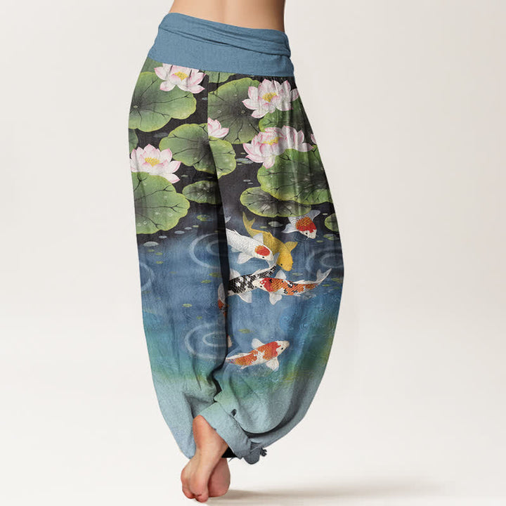 Buddha Stones Pantalon harem à taille élastique pour femme, motif étang de lotus et carpes koï en coton - image 6