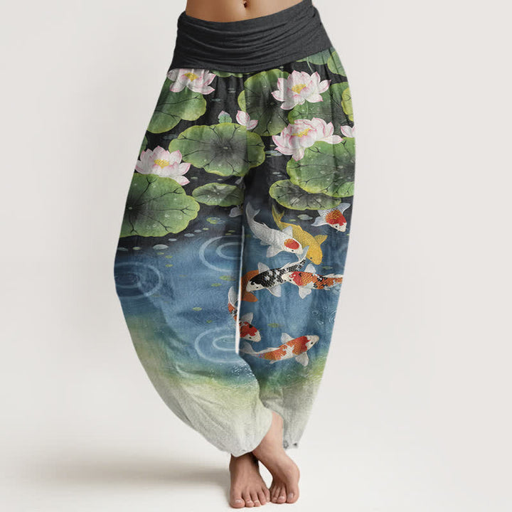 Buddha Stones Pantalon harem à taille élastique pour femme, motif étang de lotus et carpes koï en coton - Noir - US16，UK/AU20，EU48 (3XL) - image 8