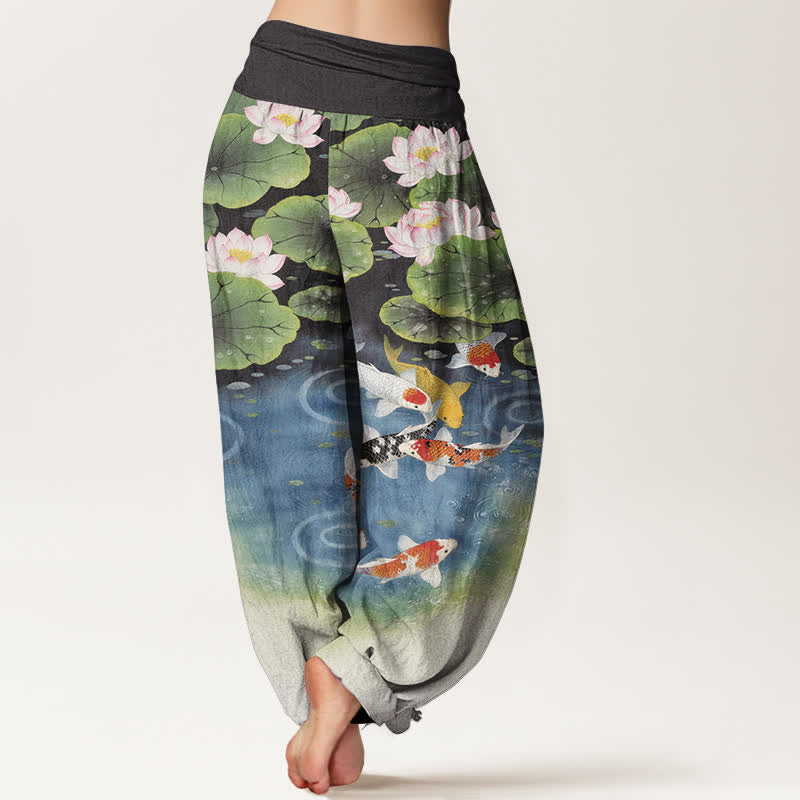 Buddha Stones Pantalon harem à taille élastique pour femme, motif étang de lotus et carpes koï en coton - image 9