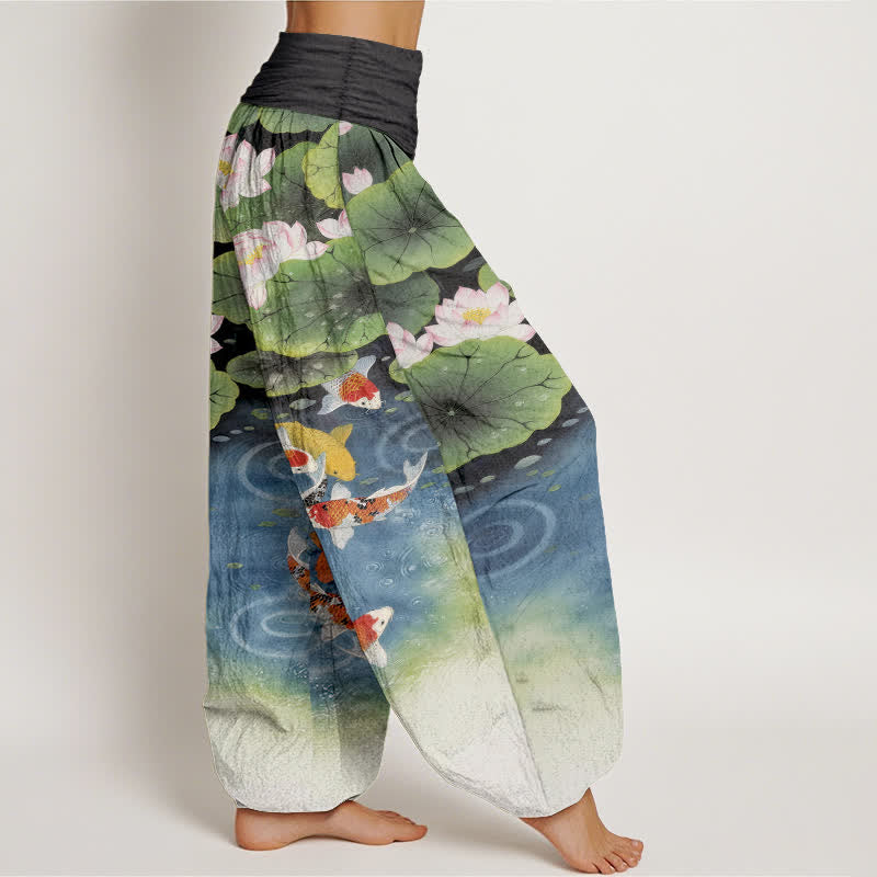 Buddha Stones Pantalon harem à taille élastique pour femme, motif étang de lotus et carpes koï en coton - image 10