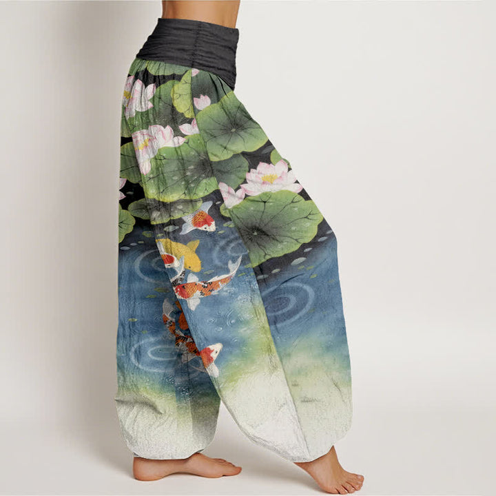 Buddha Stones Pantalon harem à taille élastique pour femme, motif étang de lotus et carpes koï en coton - image 10