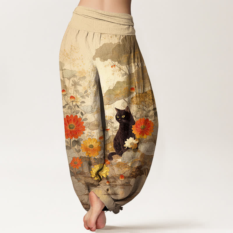 Buddha Stones Pantalon harem femme en pur coton, motif floral chat noir vintage, taille élastique - image 1
