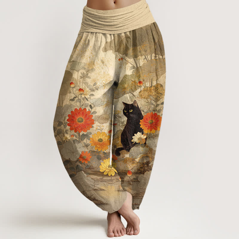 Buddha Stones Pantalon harem femme en pur coton, motif floral chat noir vintage, taille élastique - Tanné - US16，UK/AU20，EU48 (3XL) - image 0