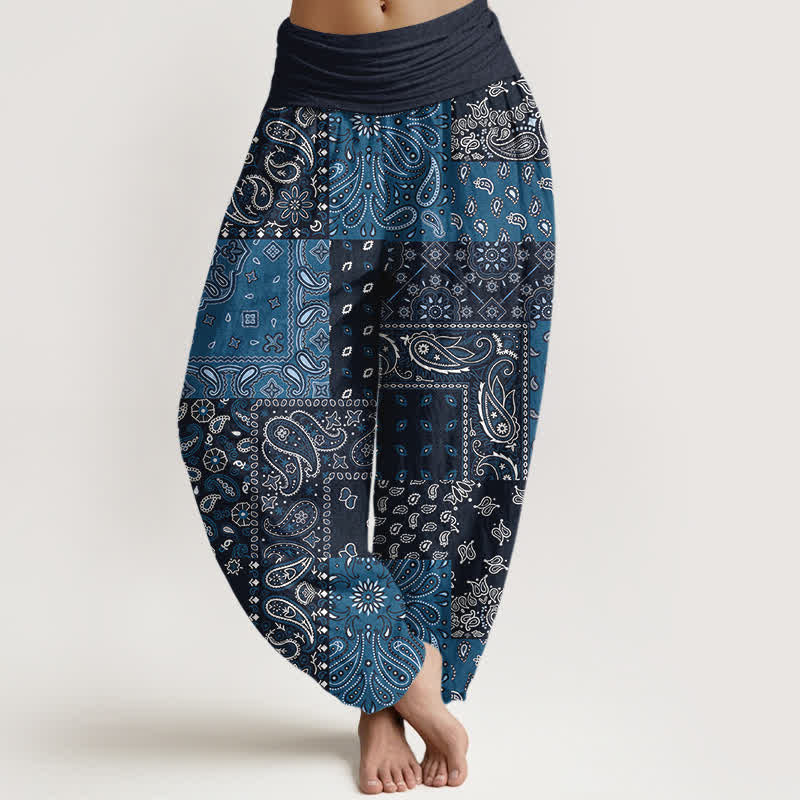 Buddha Stones Pantalon harem pour femme en pur coton à motif cachemire élégant et taille élastique - Marine - US16，UK/AU20，EU48 (3XL) - image 0