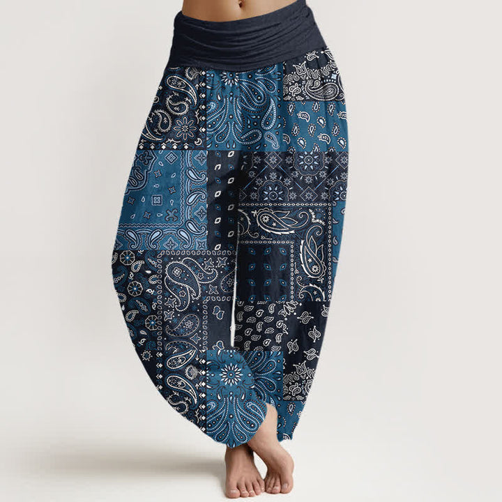 Buddha Stones Pantalon harem pour femme en pur coton à motif cachemire élégant et taille élastique - Marine - US16，UK/AU20，EU48 (3XL) - image 0
