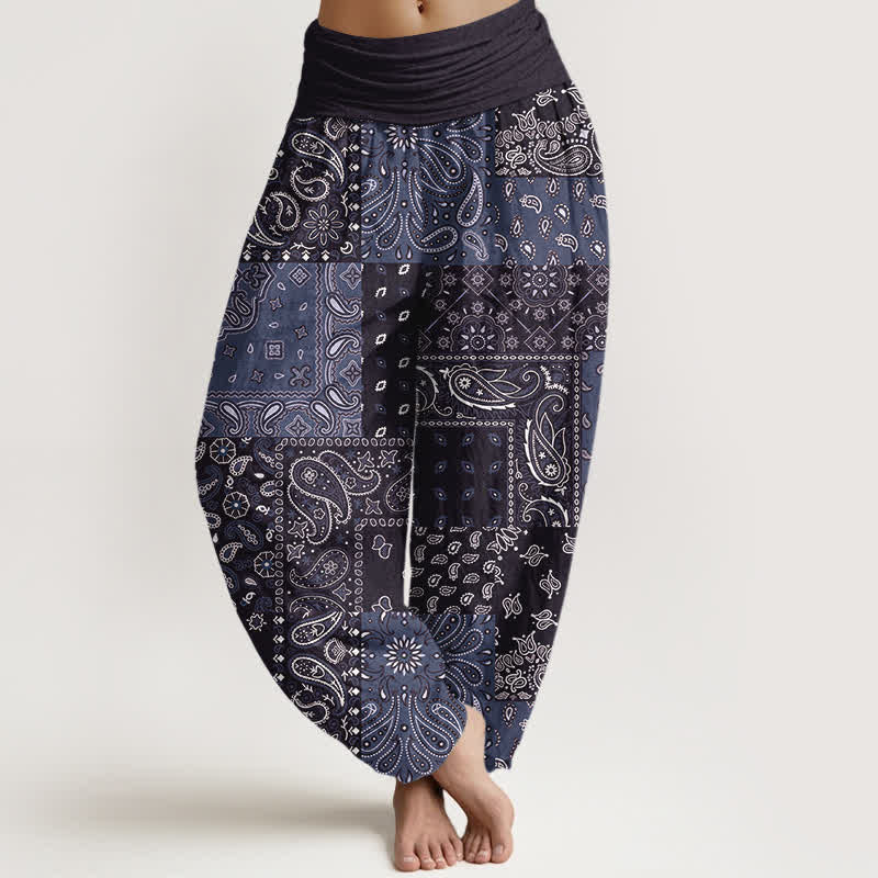 Buddha Stones Pantalon harem pour femme en pur coton à motif cachemire élégant et taille élastique - Bleu ardoise foncé - US16，UK/AU20，EU48 (3XL) - image 8