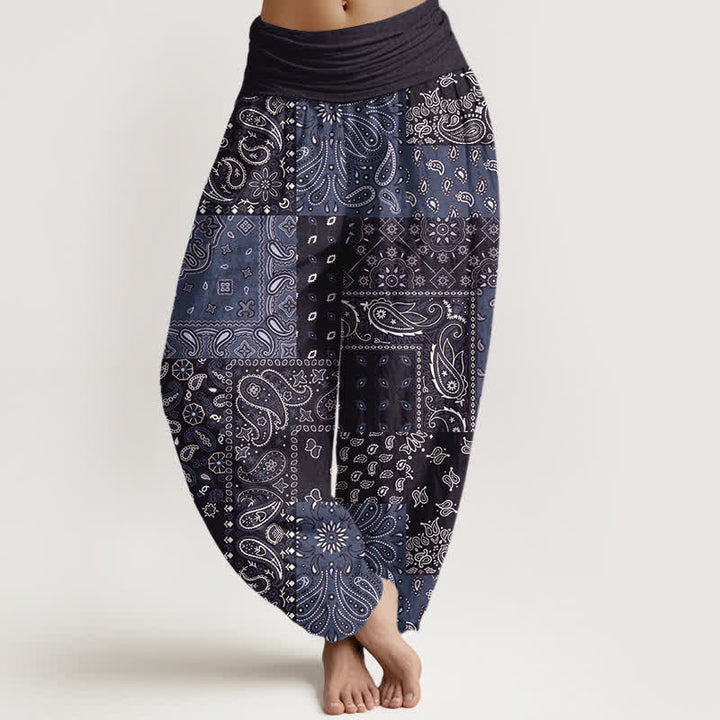 Buddha Stones Pantalon harem pour femme en pur coton à motif cachemire élégant et taille élastique - Bleu ardoise foncé - US16，UK/AU20，EU48 (3XL) - image 8
