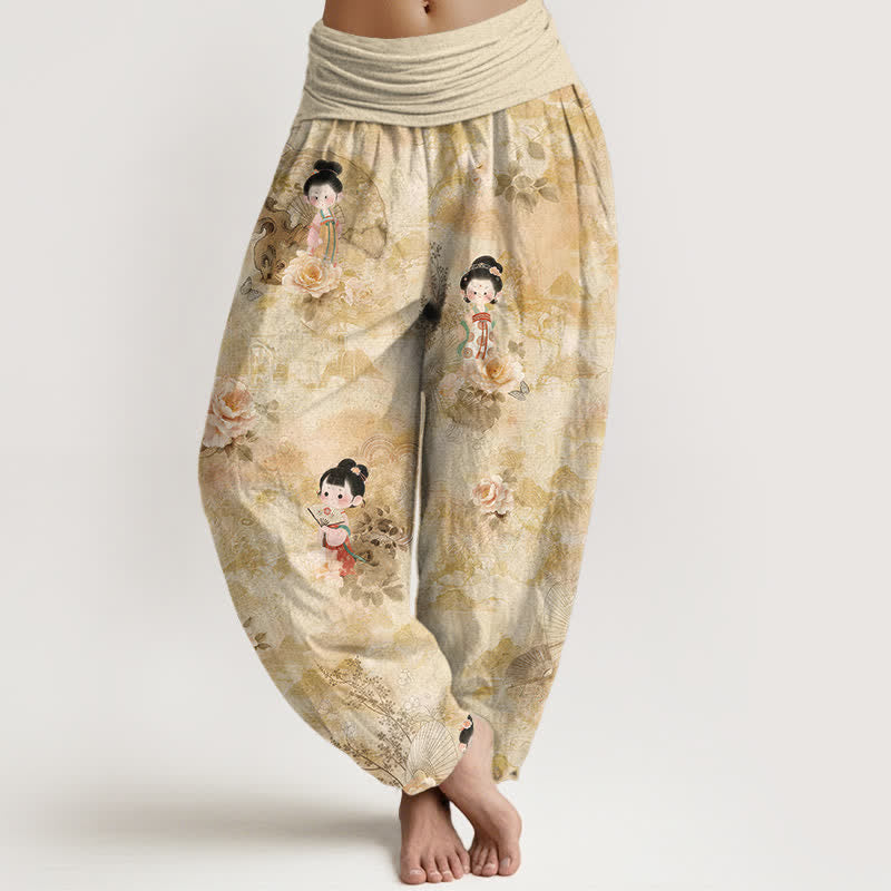 Buddha Stones Pantalon harem pour femme en pur coton à motif floral vintage et taille élastique - Blé - US16，UK/AU20，EU48 (3XL) - image 0