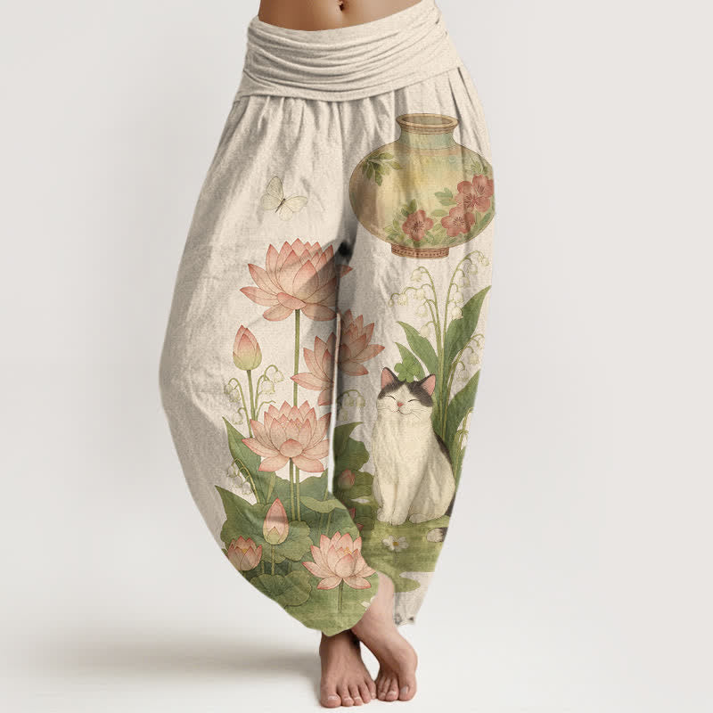 Buddha Stones Pantalon harem pour femme en pur coton à motif chat lotus et taille élastique - Beige - US16，UK/AU20，EU48 (3XL) - image 0