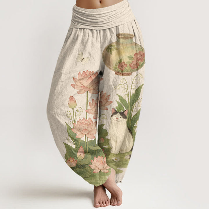 Buddha Stones Pantalon harem pour femme en pur coton à motif chat lotus et taille élastique - Beige - US16，UK/AU20，EU48 (3XL) - image 0