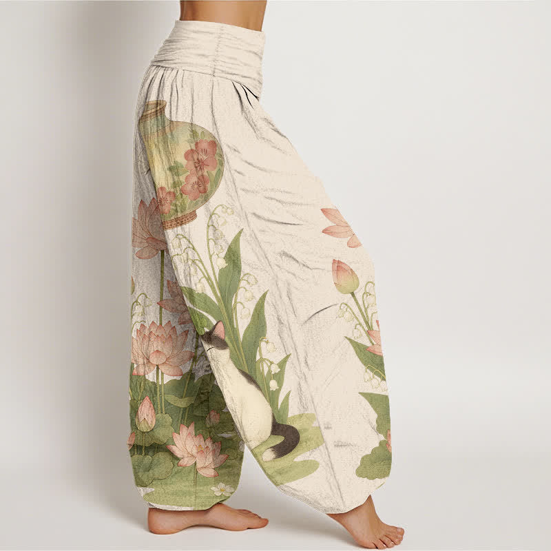 Buddha Stones Pantalon harem pour femme en pur coton à motif chat lotus et taille élastique - image 2