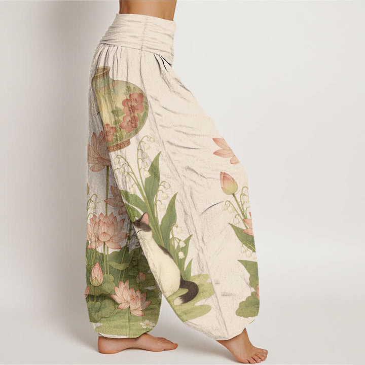 Buddha Stones Pantalon harem pour femme en pur coton à motif chat lotus et taille élastique - image 2
