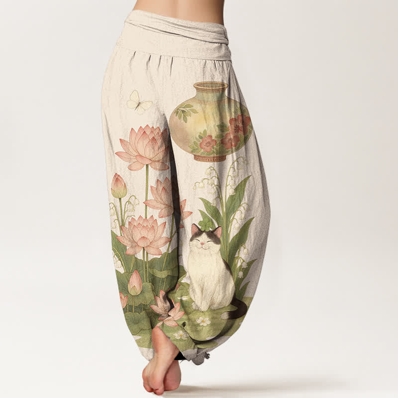 Buddha Stones Pantalon harem pour femme en pur coton à motif chat lotus et taille élastique - image 1