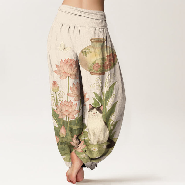 Buddha Stones Pantalon harem pour femme en pur coton à motif chat lotus et taille élastique - image 1