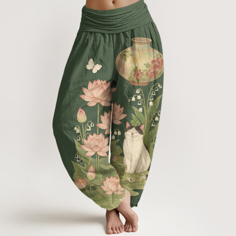Buddha Stones Pantalon harem pour femme en pur coton à motif chat lotus et taille élastique - Vert olive foncé - US16，UK/AU20，EU48 (3XL) - image 5