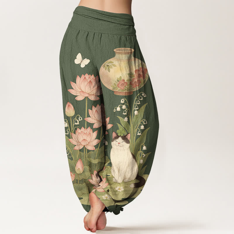 Buddha Stones Pantalon harem pour femme en pur coton à motif chat lotus et taille élastique - image 6