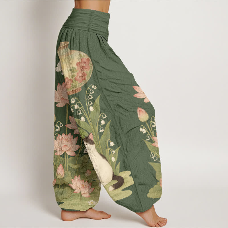 Buddha Stones Pantalon harem pour femme en pur coton à motif chat lotus et taille élastique - image 7