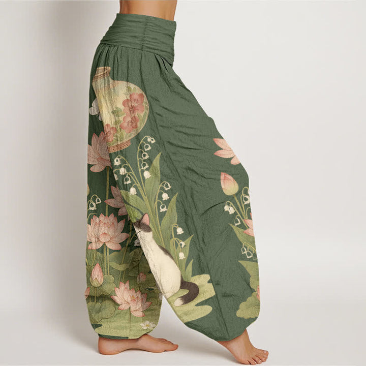 Buddha Stones Pantalon harem pour femme en pur coton à motif chat lotus et taille élastique - image 7