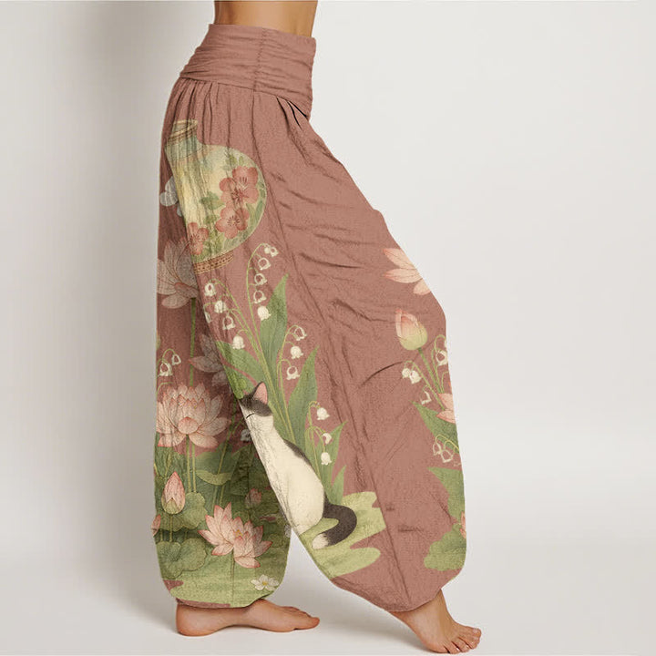 Buddha Stones Pantalon harem pour femme en pur coton à motif chat lotus et taille élastique - image 10