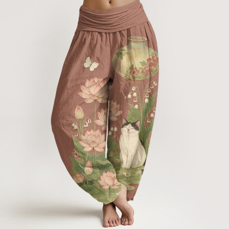Buddha Stones Pantalon harem pour femme en pur coton à motif chat lotus et taille élastique - Terre de sienne - US16，UK/AU20，EU48 (3XL) - image 8
