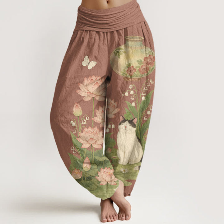 Buddha Stones Pantalon harem pour femme en pur coton à motif chat lotus et taille élastique - Terre de sienne - US16，UK/AU20，EU48 (3XL) - image 8