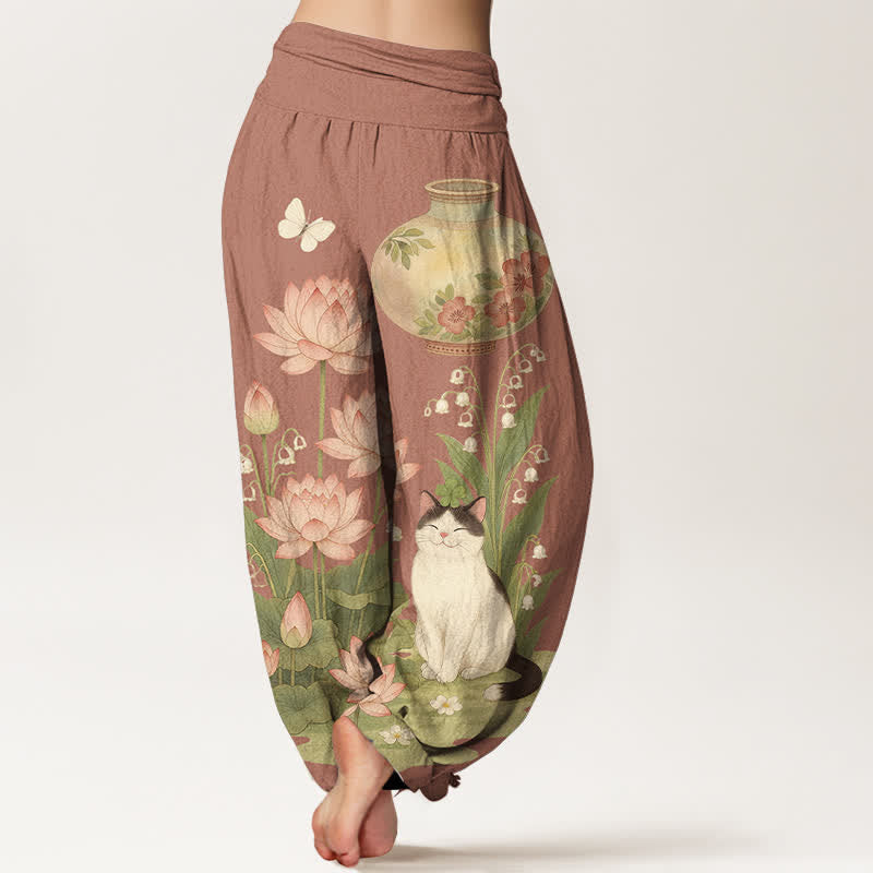 Buddha Stones Pantalon harem pour femme en pur coton à motif chat lotus et taille élastique - image 9