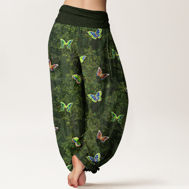 Buddha Stones Pantalon harem pour femme en pur coton à motif papillon et vigne, taille élastique - image 1