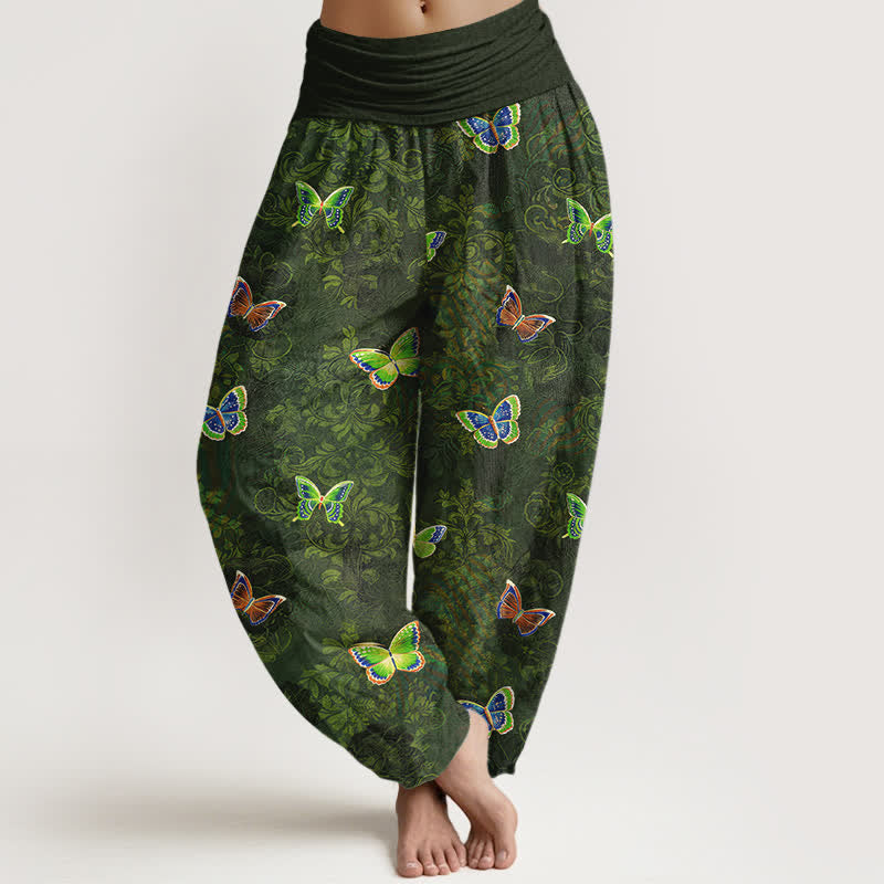 Buddha Stones Pantalon harem pour femme en pur coton à motif papillon et vigne, taille élastique - Vert olive foncé - US16，UK/AU20，EU48 (3XL) - image 0