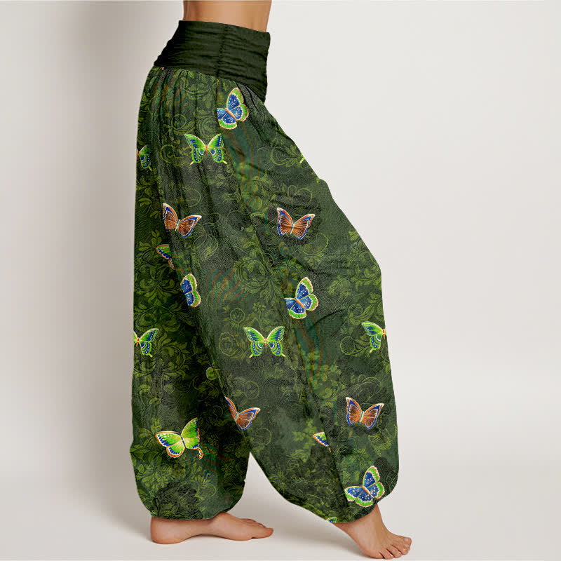 Buddha Stones Pantalon harem pour femme en pur coton à motif papillon et vigne, taille élastique - image 2
