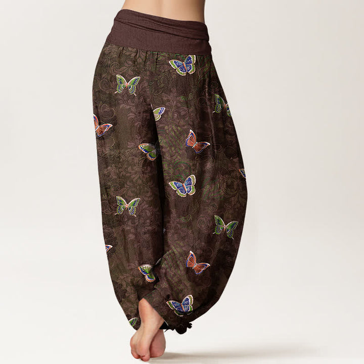 Buddha Stones Pantalon harem pour femme en pur coton à motif papillon et vigne, taille élastique - image 9