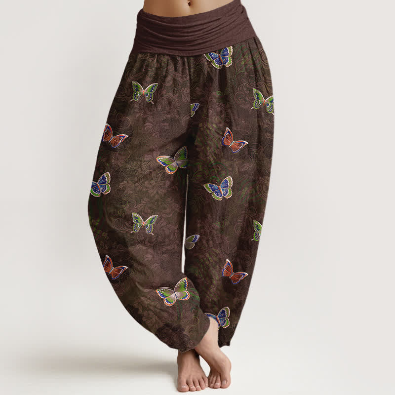 Buddha Stones Pantalon harem pour femme en pur coton à motif papillon et vigne, taille élastique - SaddleBrown - US16，UK/AU20，EU48 (3XL) - image 8