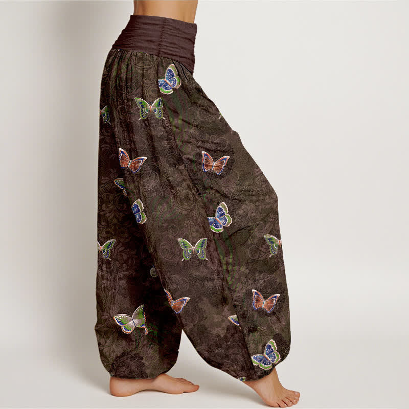 Buddha Stones Pantalon harem pour femme en pur coton à motif papillon et vigne, taille élastique - image 10