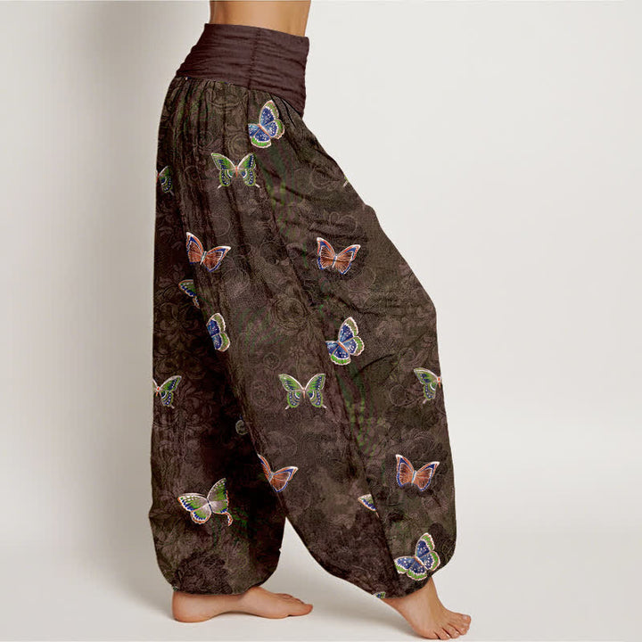 Buddha Stones Pantalon harem pour femme en pur coton à motif papillon et vigne, taille élastique - image 10