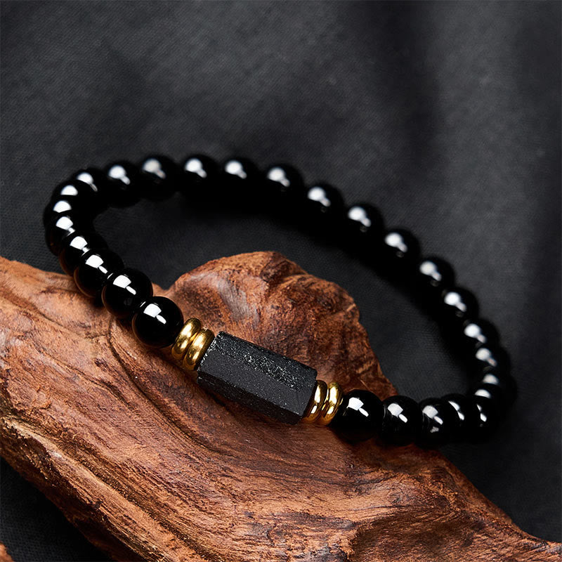 Buddha Stones Bracelet minimaliste de protection en obsidienne noire et tourmaline noire, perles rondes. - image 3