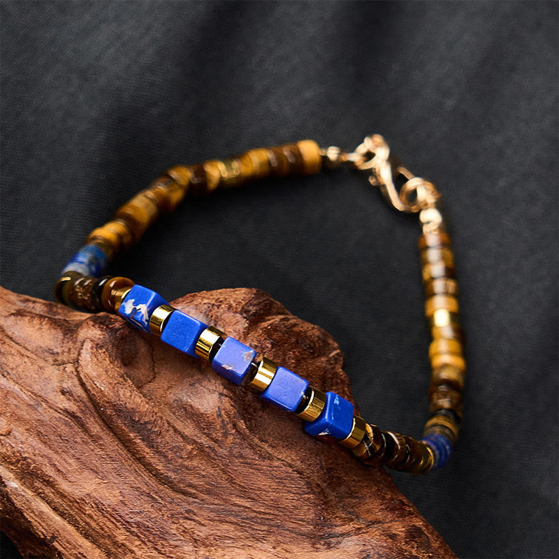 Buddha Stones Bracelet de sagesse carré en perles de lapis-lazuli et œil de tigre - image 3