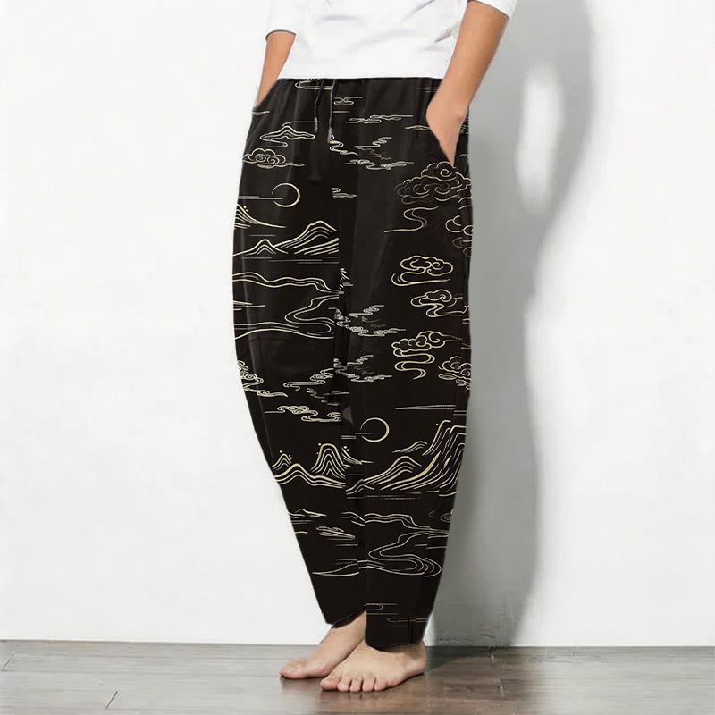 Buddha Stones Pantalon fuselé pour homme en pur coton, motif vagues et nuages, cordon de serrage et poches - image 1