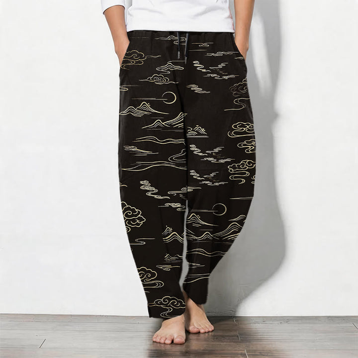 Buddha Stones Pantalon fuselé pour homme en pur coton, motif vagues et nuages, cordon de serrage et poches - Noir - US/UK/AU50，EU60 (5XL) - image 0
