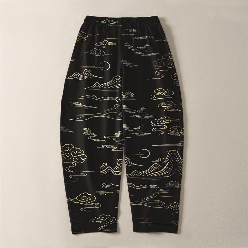 Buddha Stones Pantalon fuselé pour homme en pur coton, motif vagues et nuages, cordon de serrage et poches - image 3