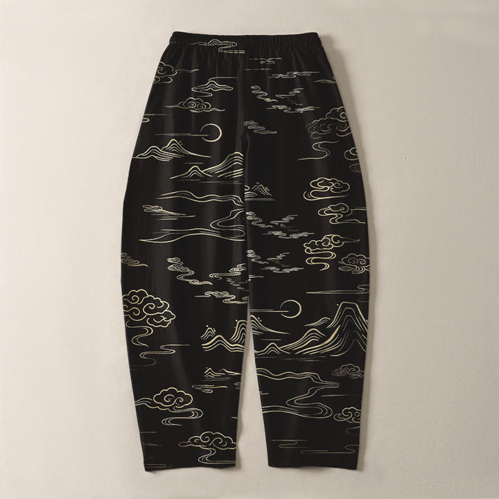 Buddha Stones Pantalon fuselé pour homme en pur coton, motif vagues et nuages, cordon de serrage et poches - image 3